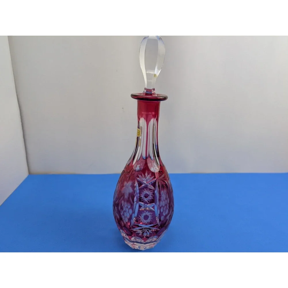 Nachtmann Pink Cranberry Starburst Cut to Clear Crystal Decanter Bavaria Germany